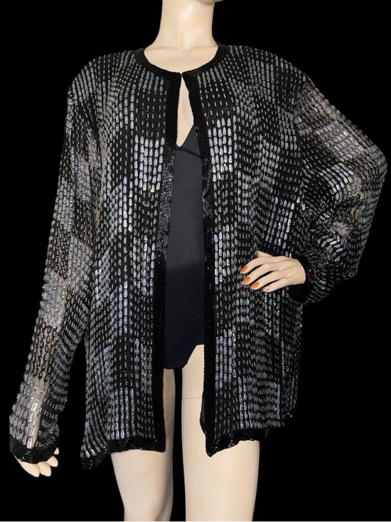 Vintage Sweaters - Vintage Pinky Creations Sequin / Beaded Silk Cardigan XXXL
